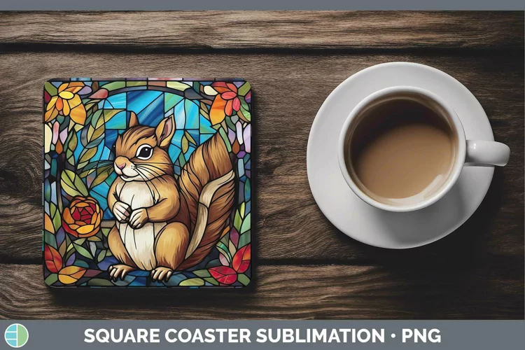 Woodland Stained Glass Chipmunk Square Coaster Sublimation C