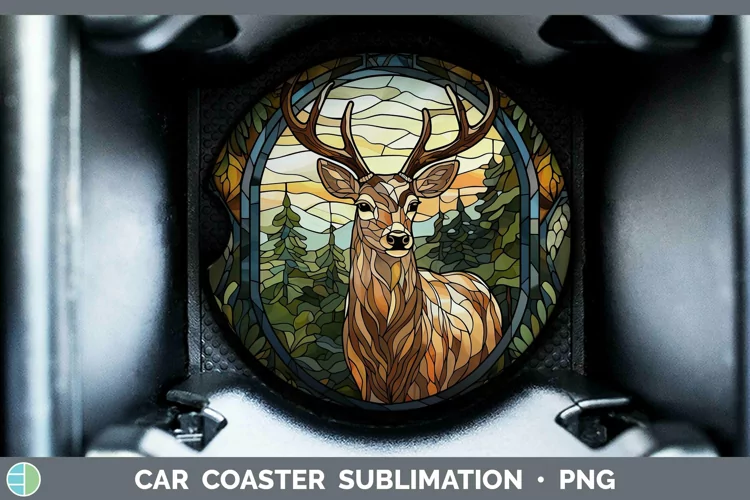 Woodland Stained Glass Deer Car Coaster Sublimation Coaster
