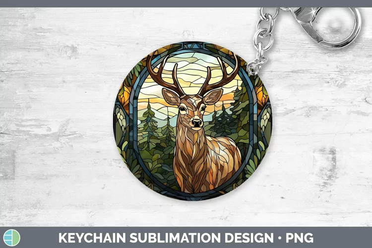 Woodland Stained Glass Deer Keychain Sublimation Keyring Des