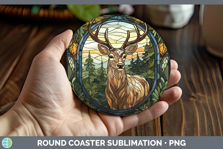 Woodland Stained Glass Deer Round Coaster Sublimation Coaste
