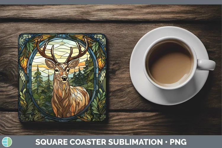 Woodland Stained Glass Deer Square Coaster Sublimation Coast