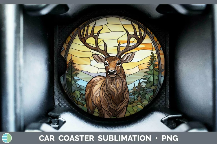 Woodland Stained Glass Elk Car Coaster Sublimation Coaster D