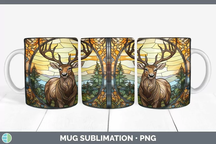 Woodland Stained Glass Elk Mug Wrap Sublimation Coffee Cup D