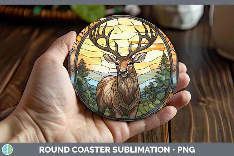 Woodland Stained Glass Elk Round Coaster Sublimation Coaster