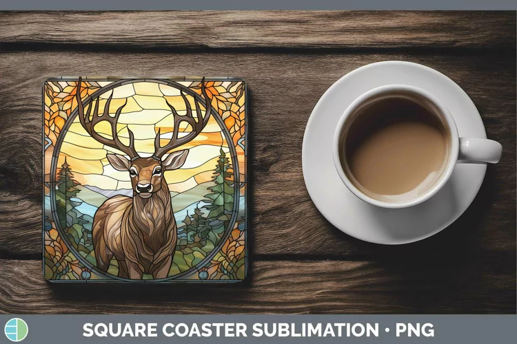 Woodland Stained Glass Elk Square Coaster Sublimation Coaste
