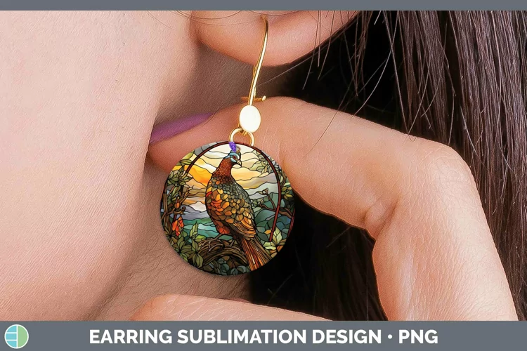 Woodland Stained Glass Grouse Round Earrings Sublimation Ear