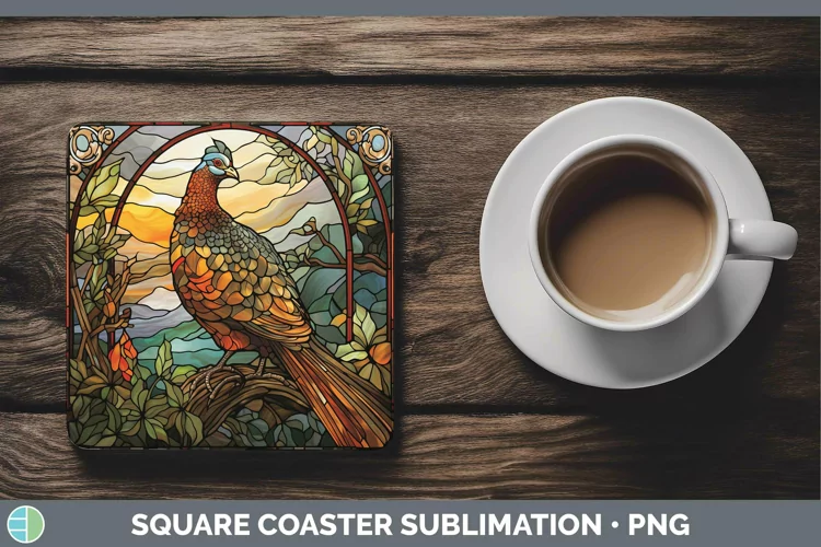 Woodland Stained Glass Grouse Square Coaster Sublimation Coa