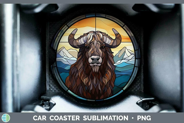 Woodland Stained Glass Musk Ox Car Coaster Sublimation Coast