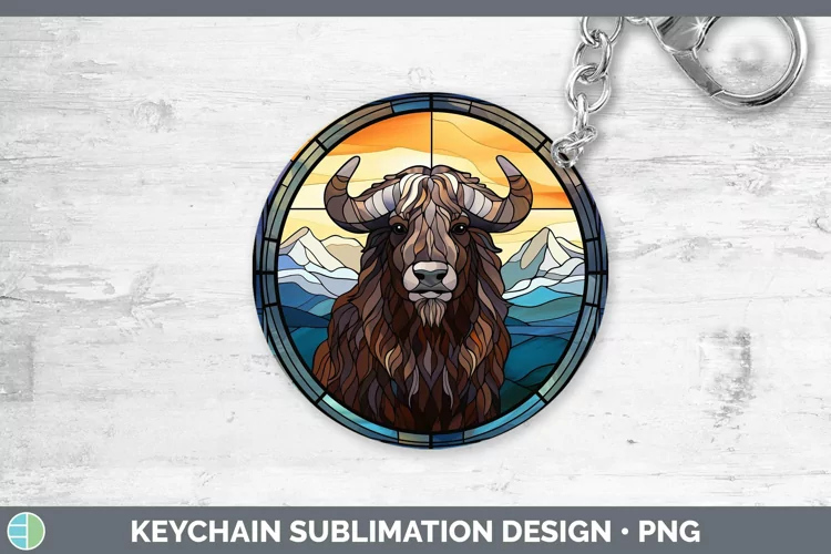 Woodland Stained Glass Musk Ox Keychain Sublimation Keyring