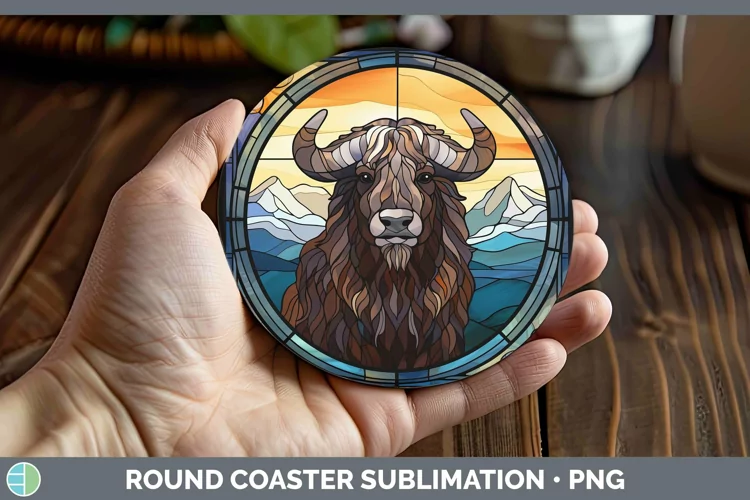 Woodland Stained Glass Musk Ox Round Coaster Sublimation Coa