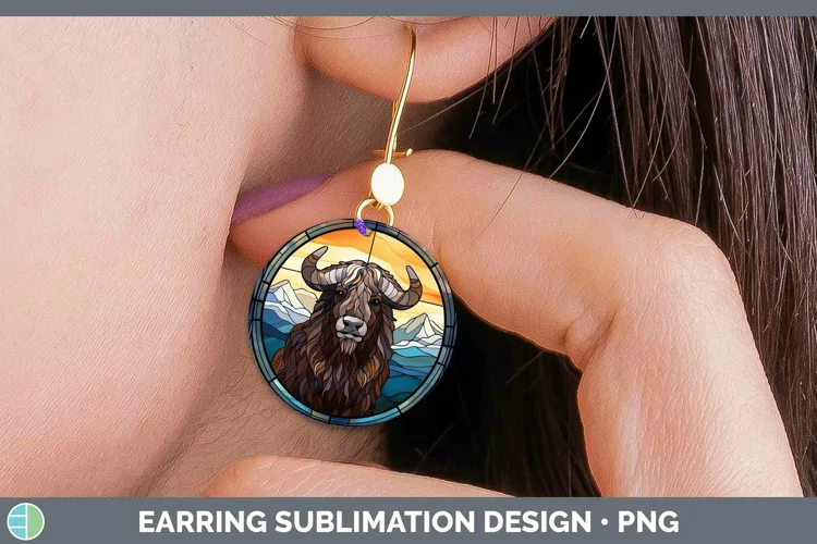Woodland Stained Glass Musk Ox Round Earrings Sublimation Ea