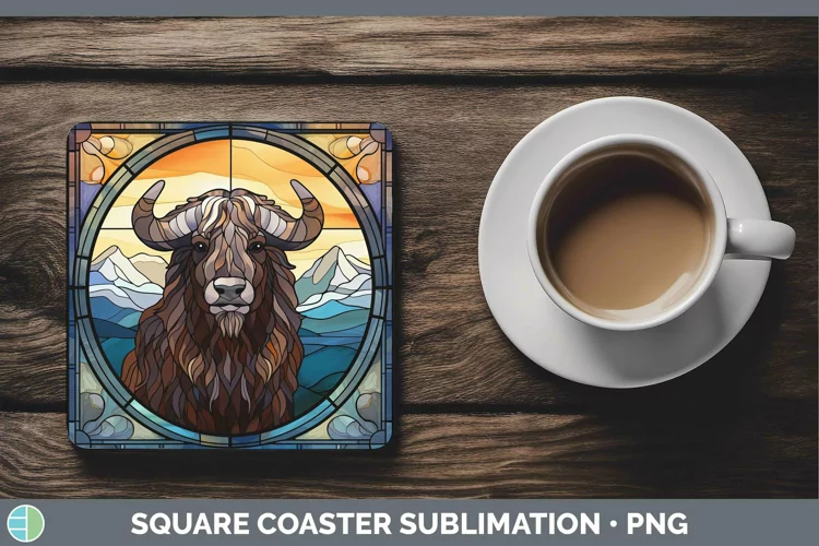 Woodland Stained Glass Musk Ox Square Coaster Sublimation Co