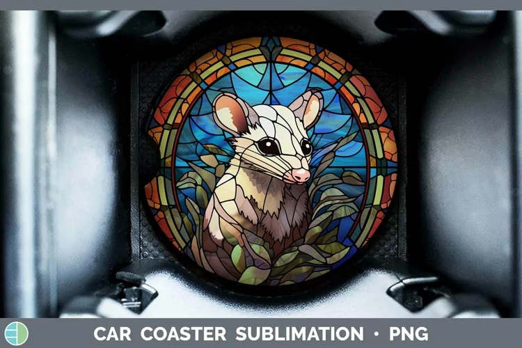 Woodland Stained Glass Opossum Car Coaster Sublimation Coast