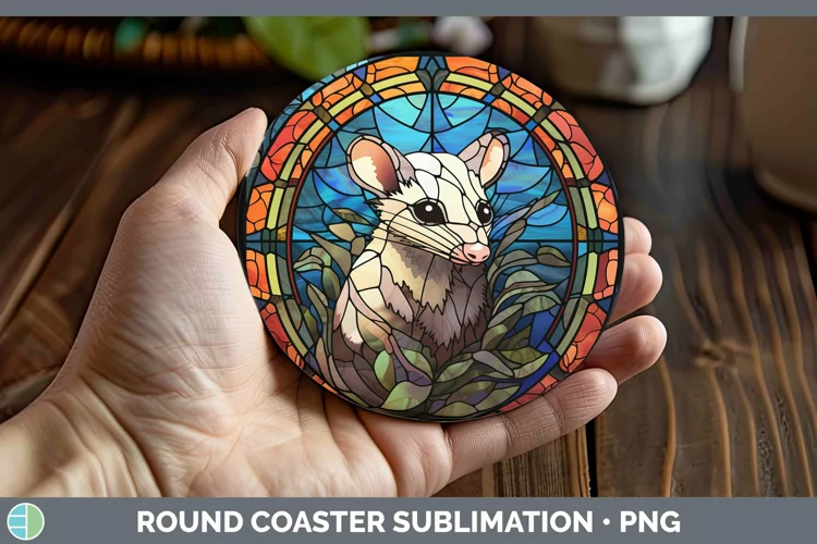 Woodland Stained Glass Opossum Round Coaster Sublimation Coa