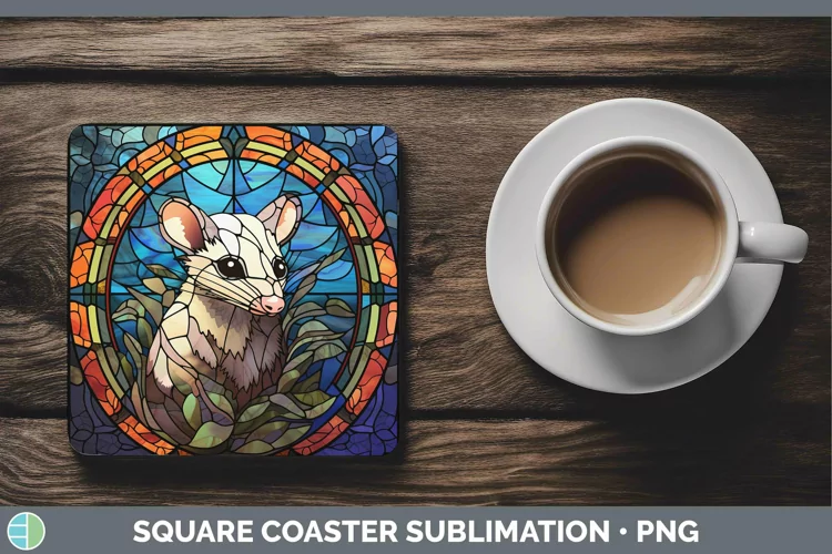 Woodland Stained Glass Opossum Square Coaster Sublimation Co