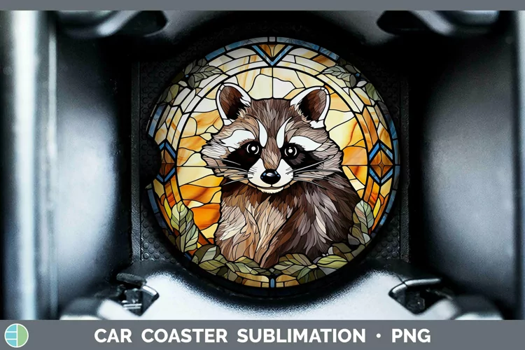 Woodland Stained Glass Raccoon Car Coaster Sublimation Coast