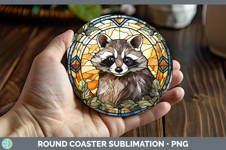 Woodland Stained Glass Raccoon Round Coaster Sublimation Coa