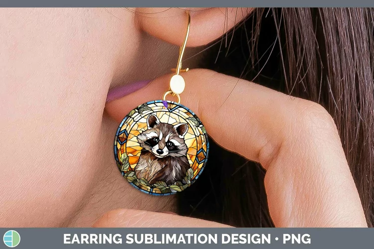 Woodland Stained Glass Raccoon Round Earrings Sublimation Ea