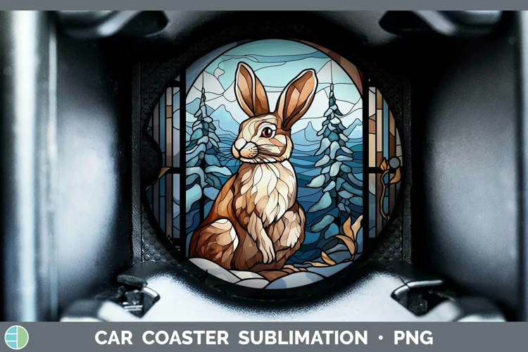 Woodland Stained Glass Snowshoe Hare Car Coaster Sublimation