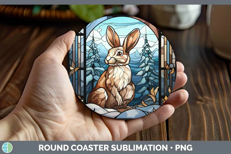 Woodland Stained Glass Snowshoe Hare Round Coaster Sublimati