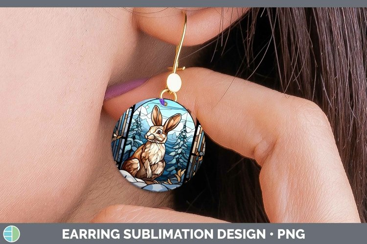 Woodland Stained Glass Snowshoe Hare Round Earrings Sublimat