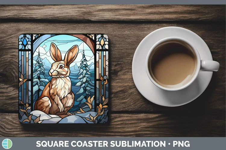 Woodland Stained Glass Snowshoe Hare Square Coaster Sublimat