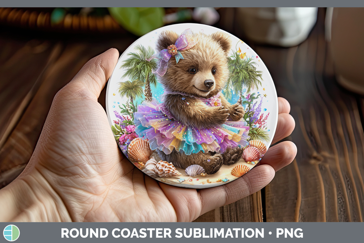 Woodland Summer Beach Grizzly Bear Round Coaster Sublimation