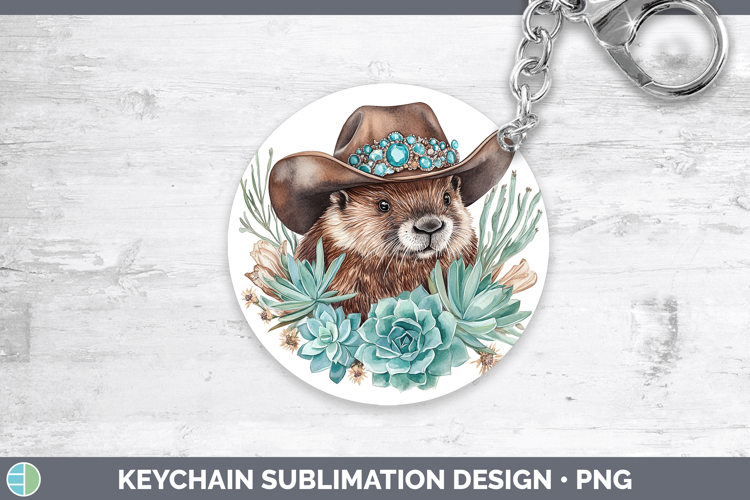 Woodland Teal Cowboy Beaver Keychain Sublimation Keyring Des