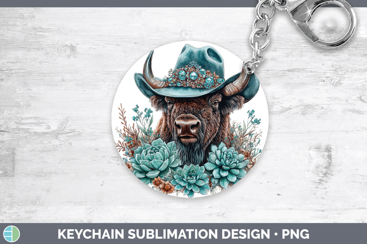 Woodland Teal Cowboy Bison Keychain Sublimation Keyring Desi