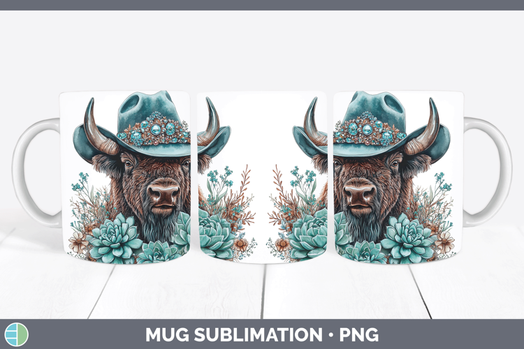 Woodland Teal Cowboy Bison Mug Wrap Sublimation Coffee Cup D