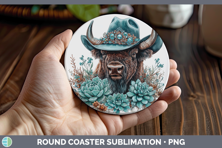 Woodland Teal Cowboy Bison Round Coaster Sublimation Coaster