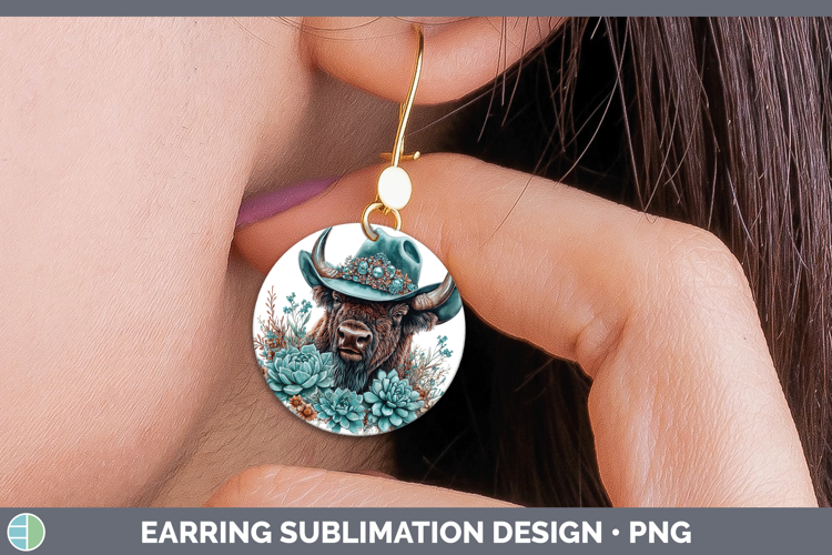 Woodland Teal Cowboy Bison Round Earrings Sublimation Earrin