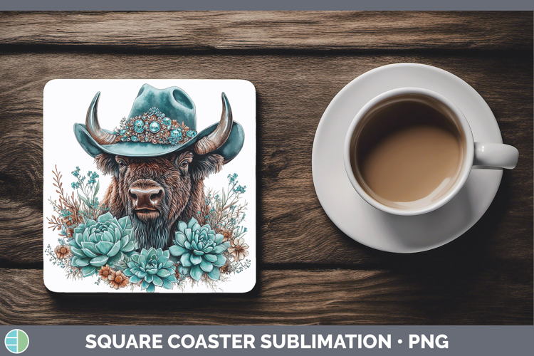 Woodland Teal Cowboy Bison Square Coaster Sublimation Coaste