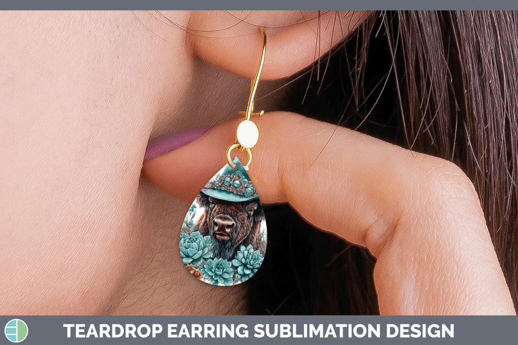 Woodland Teal Cowboy Bison Teardrop Earrings Sublimation Ear