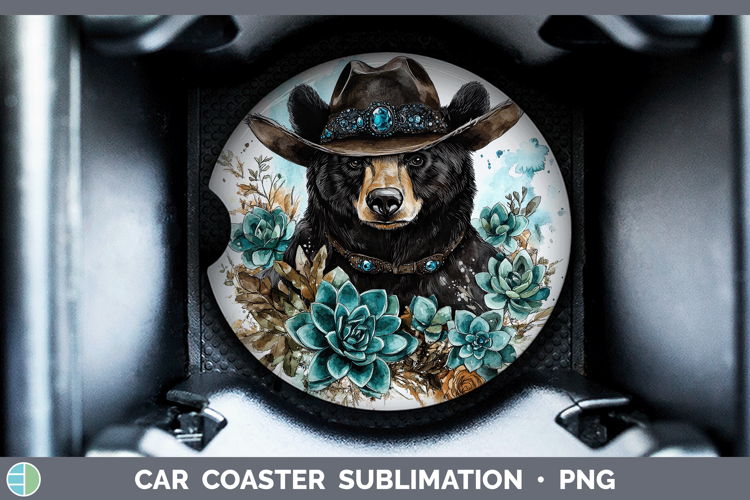 Woodland Teal Cowboy Black Bear Car Coaster Sublimation Des