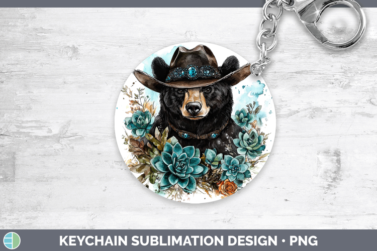 Woodland Teal Cowboy Black Bear Keychain Sublimation Keyring