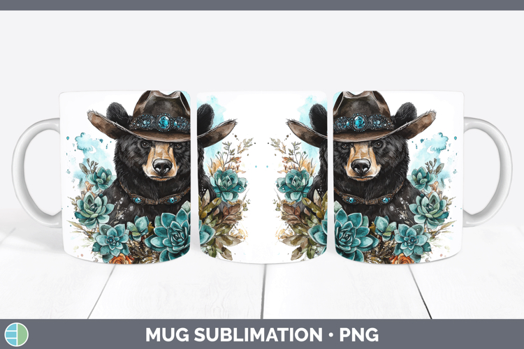 Woodland Teal Cowboy Black Bear Mug Wrap Sublimation Coffee