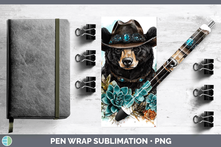 Woodland Teal Cowboy Black Bear Pen Wrap Sublimation Pen Des