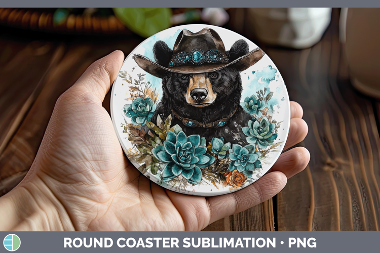 Woodland Teal Cowboy Black Bear Round Coaster Sublimation Co