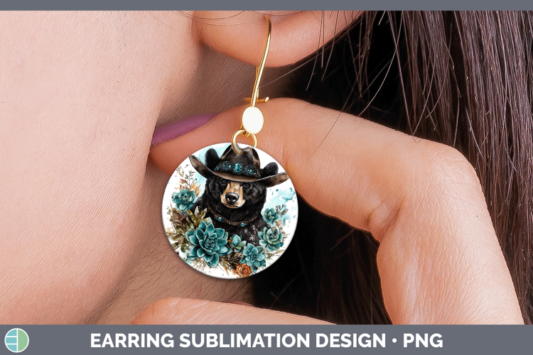 Woodland Teal Cowboy Black Bear Round Earrings Sublimation E
