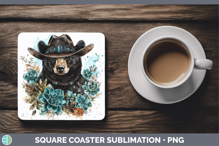 Woodland Teal Cowboy Black Bear Square Coaster Sublimation C