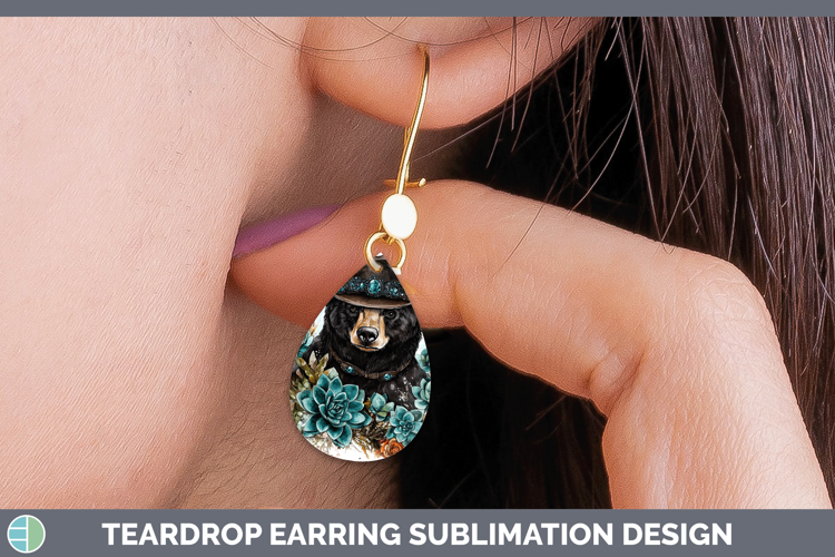 Woodland Teal Cowboy Black Bear Teardrop Earrings Sublimatio