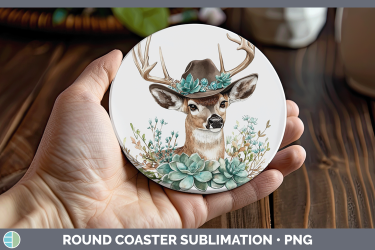 Woodland Teal Cowboy Deer Round Coaster Sublimation Coaster