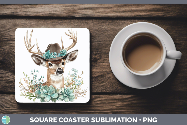Woodland Teal Cowboy Deer Square Coaster Sublimation Coaster