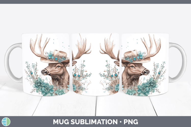 Woodland Teal Cowboy Elk Mug Wrap Sublimation Coffee Cup Des