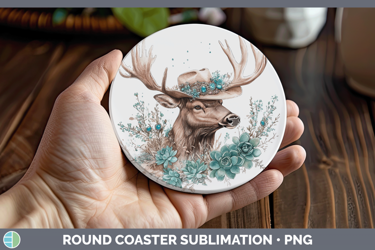 Woodland Teal Cowboy Elk Round Coaster Sublimation Coaster D