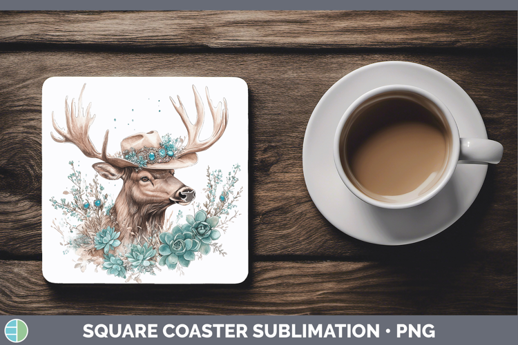 Woodland Teal Cowboy Elk Square Coaster Sublimation Coaster