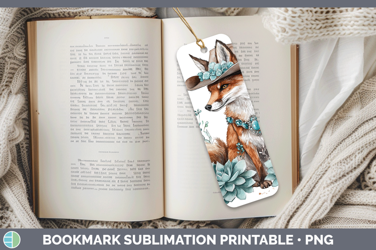 Woodland Teal Cowboy Fox Bookmark Sublimation Printable Desi