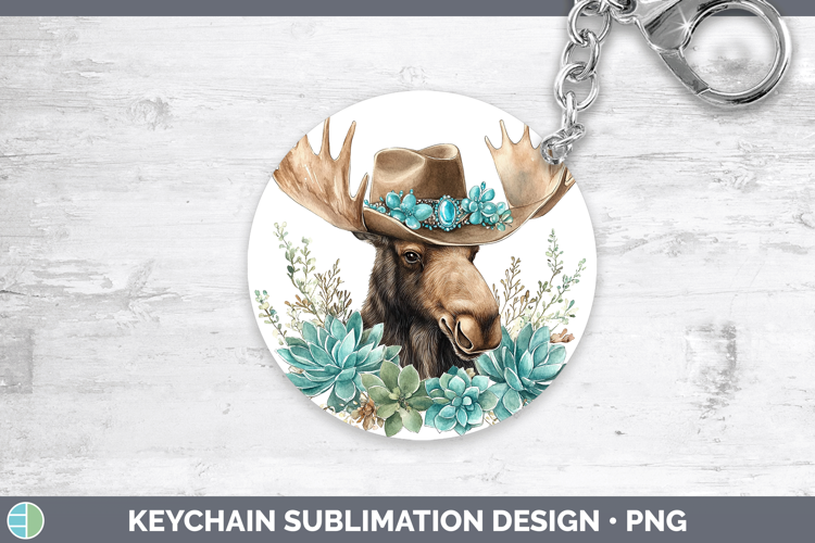 Woodland Teal Cowboy Moose Keychain Sublimation Keyring Desi