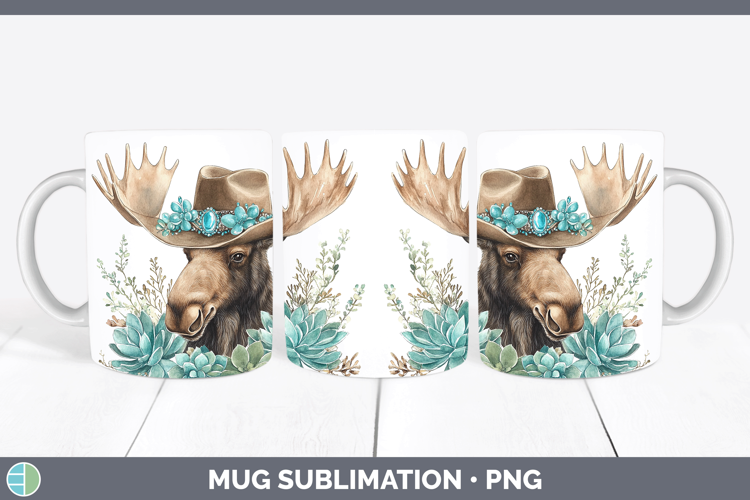 Woodland Teal Cowboy Moose Mug Wrap Sublimation Coffee Cup D